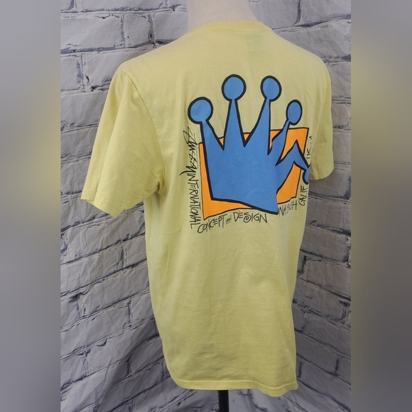 Stussy Men's T-Shirt Tee Vintage 90s Y2K Crown Yellow Broken Crown Logo Medium - Picture 8 of 10